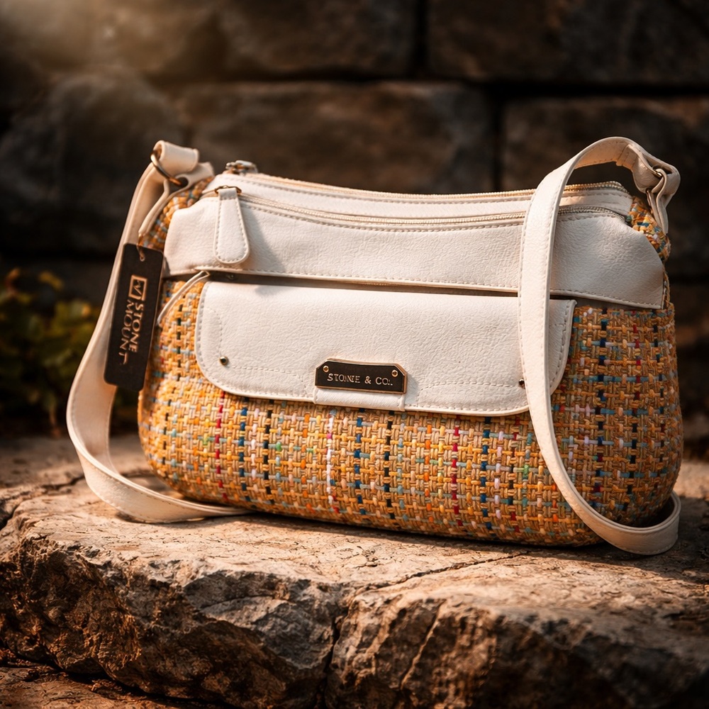 NEW Stone Mountain Cohasset Purse Satchel White ZAS178-2 Leather & Basket Weave